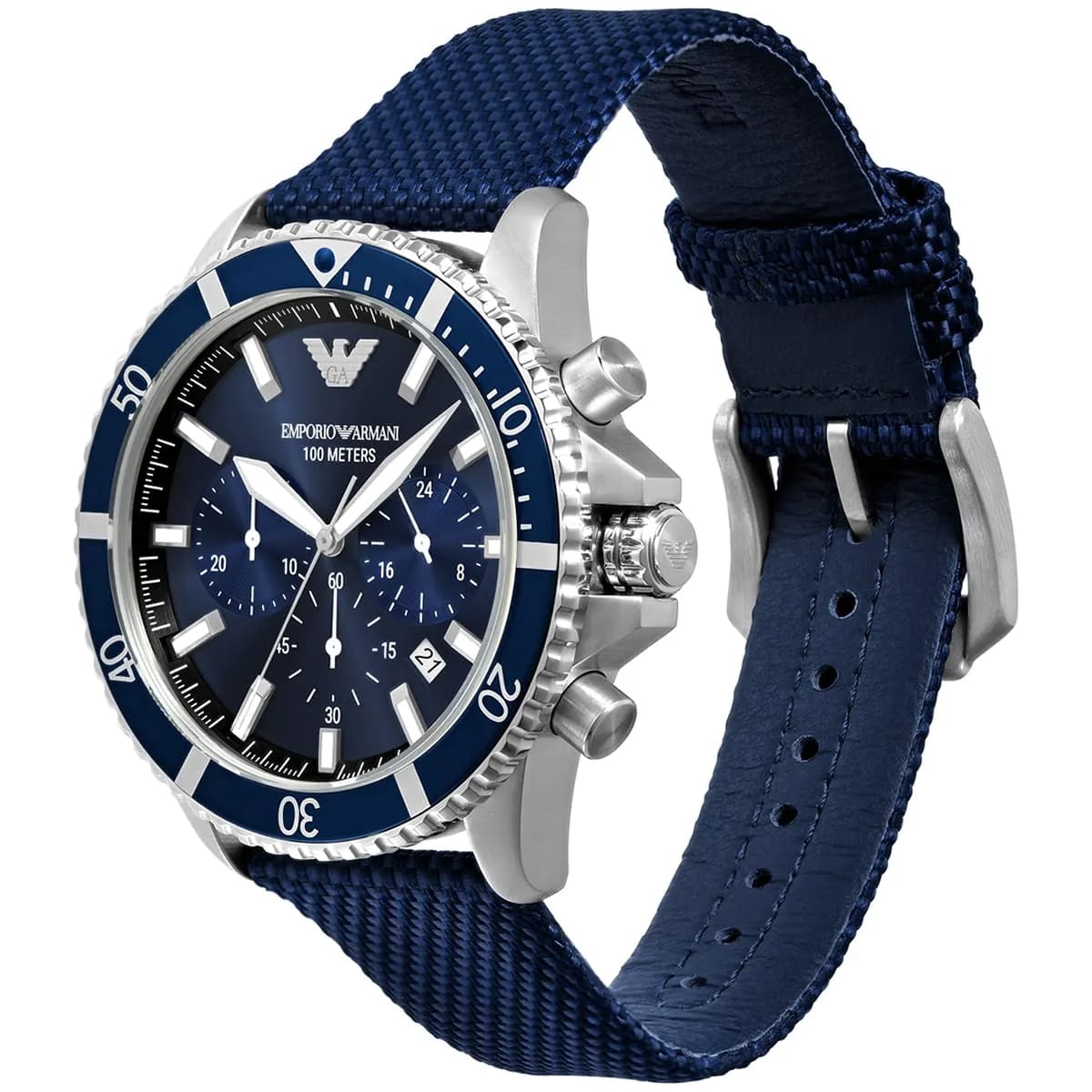 Emporio Armani AR11588 Men’s Blue Dial Fabric Strap Diver Chronograph Watch - Luxury Hub Store