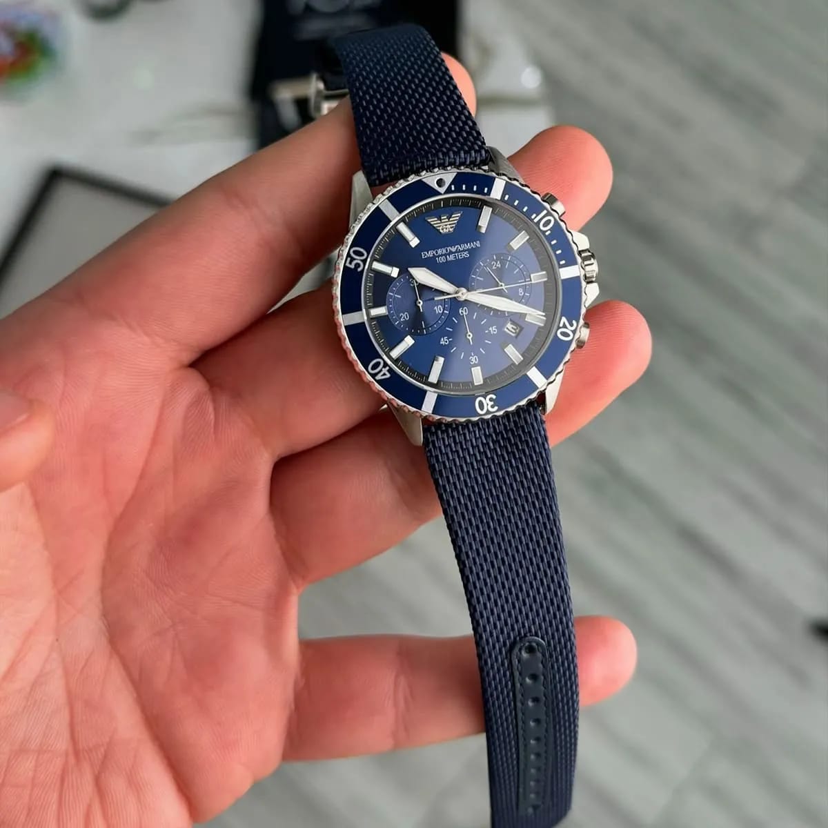 Emporio Armani AR11588 Men’s Blue Dial Fabric Strap Diver Chronograph Watch - Luxury Hub Store