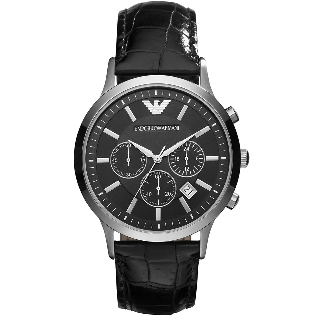 Emporio Armani AR2447 Men’s Black Dial Black Leather Chronograph Watch - Luxury Hub Store