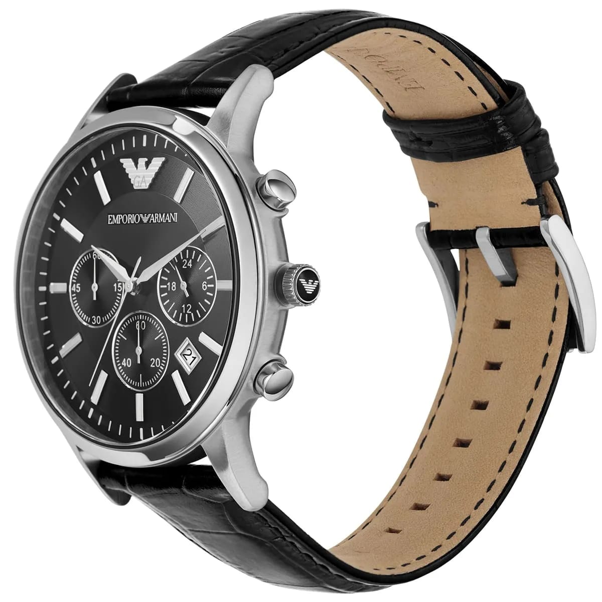 Emporio Armani AR2447 Men’s Black Dial Black Leather Chronograph Watch - Luxury Hub Store