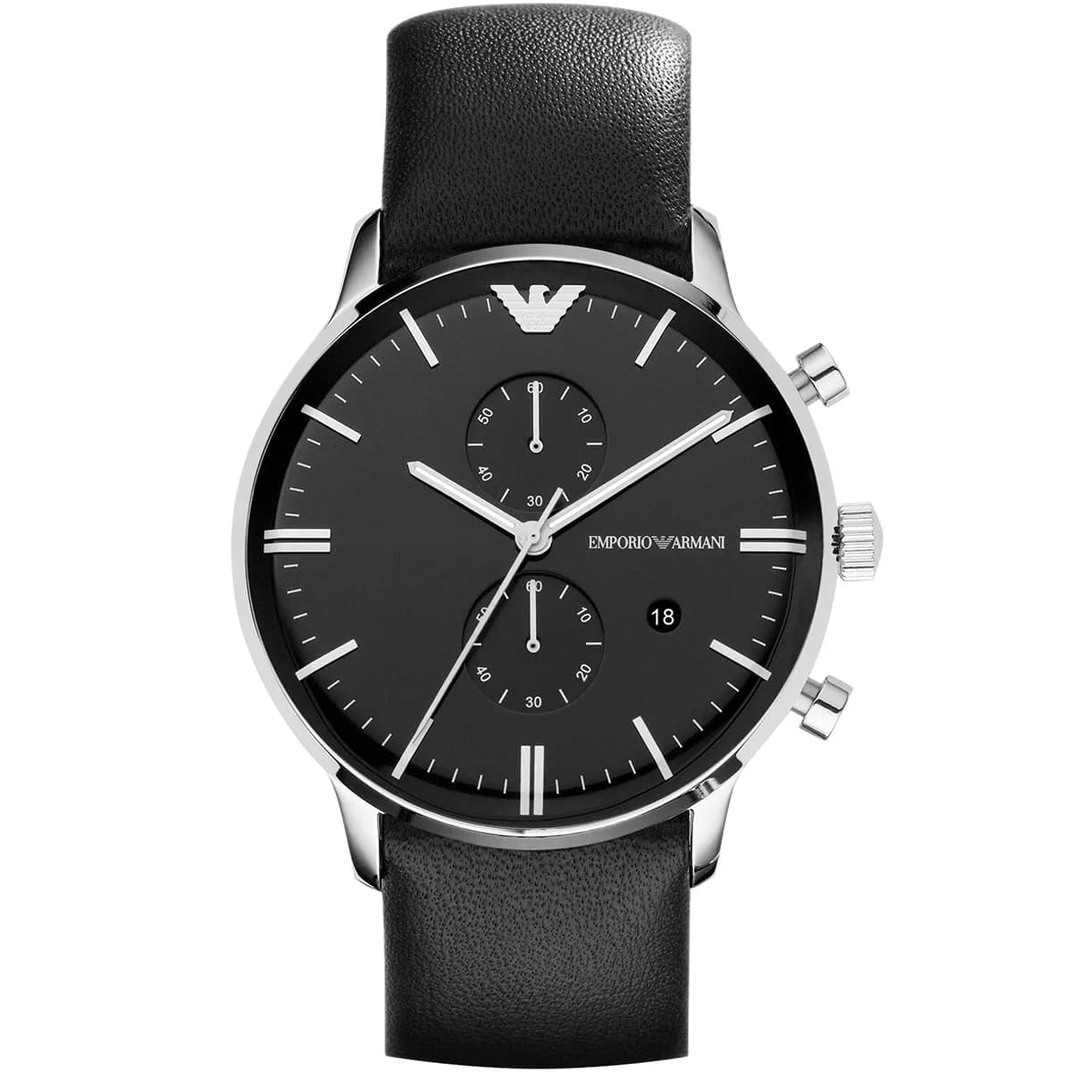 Emporio Armani AR0397 Men’s Black Dial Black Leather Chronograph Watch - Luxury Hub Store