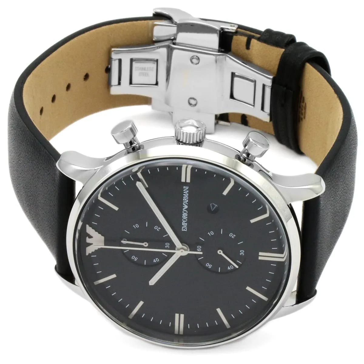 Emporio Armani AR0397 Men’s Black Dial Black Leather Chronograph Watch - Luxury Hub Store