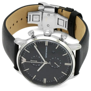 Emporio Armani AR0397 Men’s Black Dial Black Leather Chronograph Watch - Luxury Hub Store