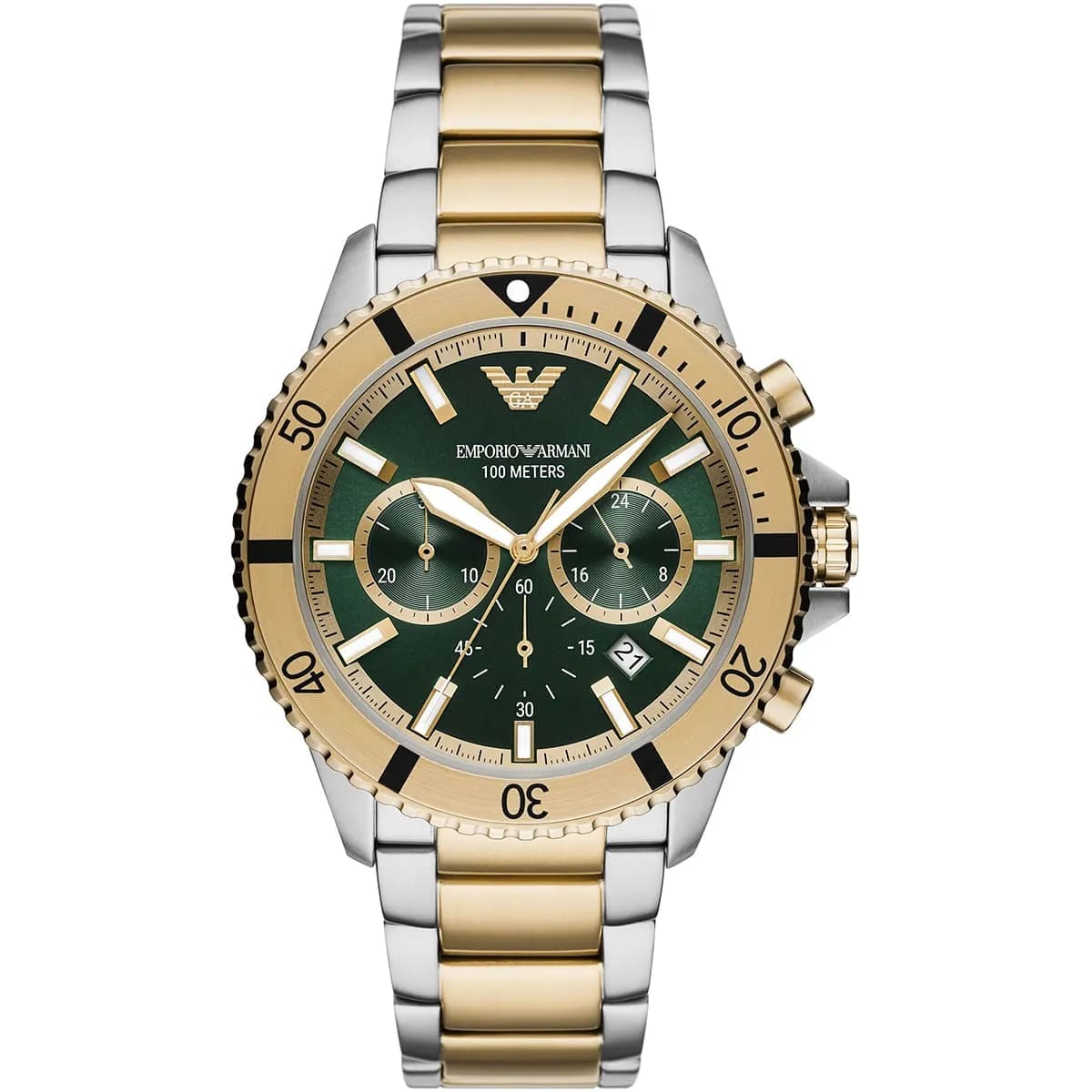 Emporio Armani AR11586 Men’s Green Dial Two-Tone Stainless Steel Diver Chronograph Watch - Luxury Hub Store