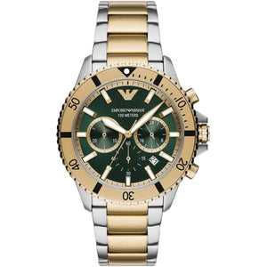 Emporio Armani AR11586 Men’s Green Dial Two-Tone Stainless Steel Diver Chronograph Watch - Luxury Hub Store