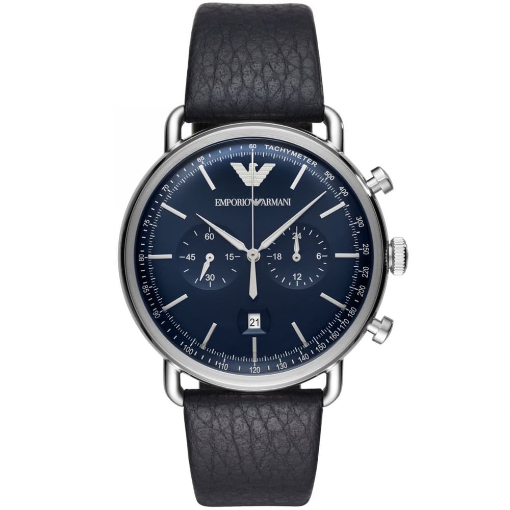 Emporio Armani AR11105 Men’s Blue Dial Black Leather Aviator Chronograph Watch - Luxury Hub Store