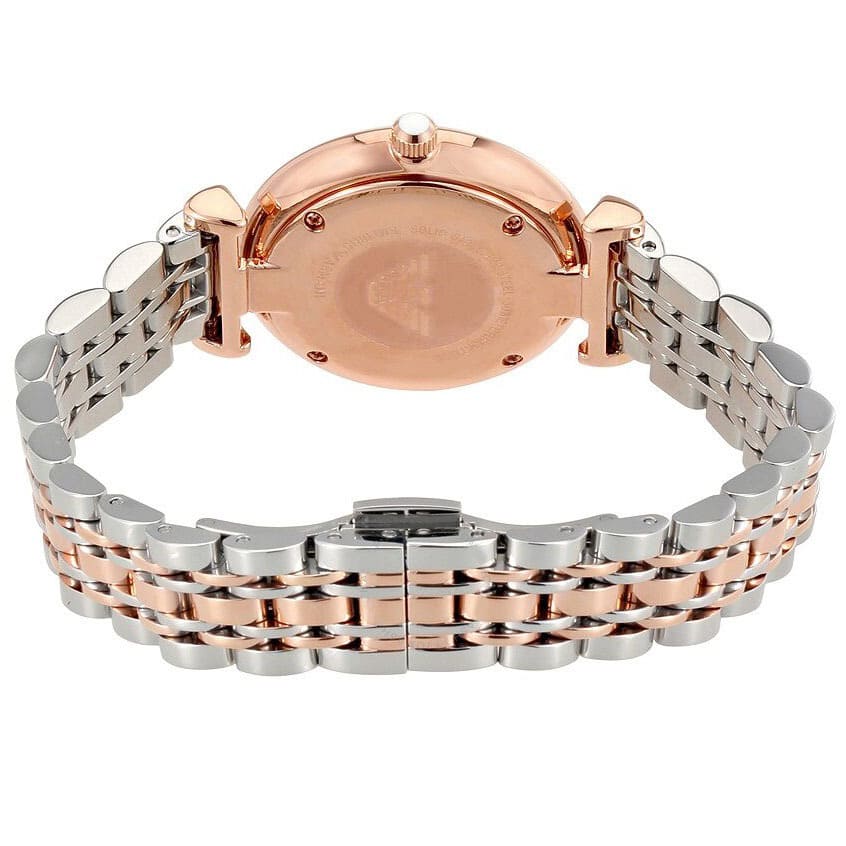Rose gold and silver watch with a white background
Side profile of Armani AR1840 Rose Gold Watch showing signature T-Bar lugs
