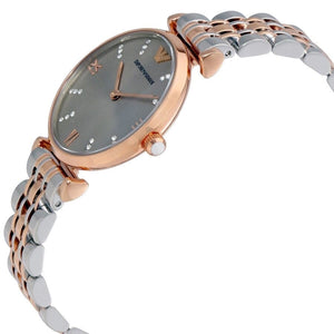 Two-tone watch with rose gold and silver band on a white background
Detailed view of Emporio Armani AR1840 rose gold and silver bracelet clasp