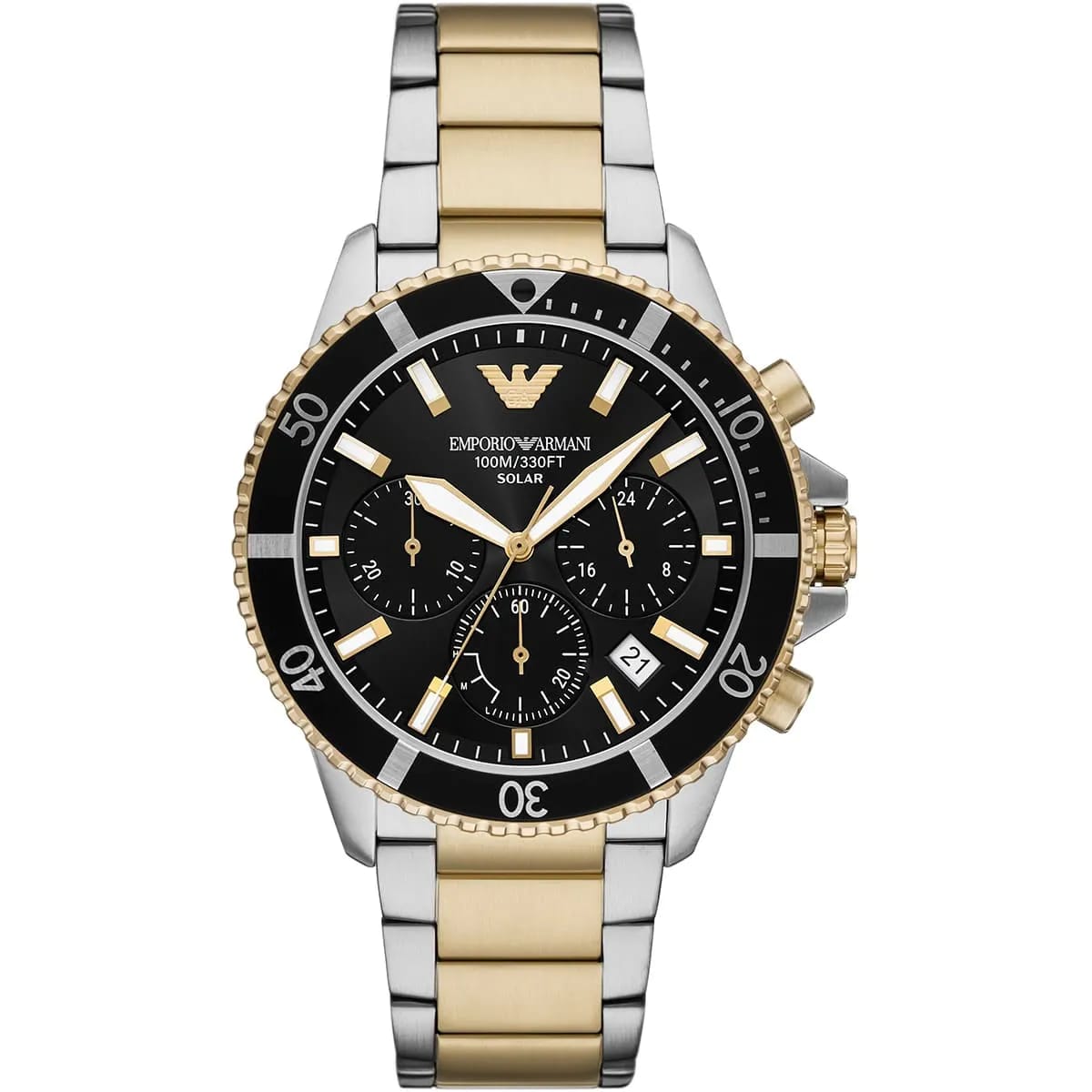 Two-tone Emporio Armani watch with black dial on a white background
Emporio Armani AR11680 World Explorer Men's Solar Watch Black Dial Two-Tone