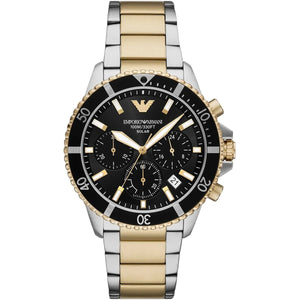 Two-tone Emporio Armani watch with black dial on a white background
Emporio Armani AR11680 World Explorer Men's Solar Watch Black Dial Two-Tone