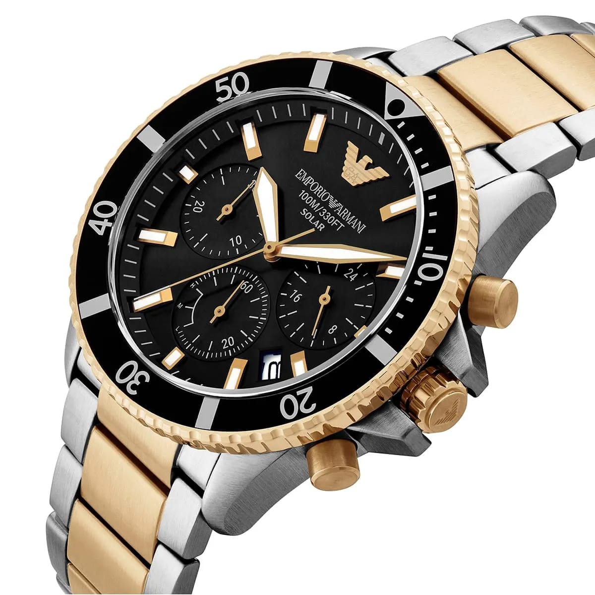 Luxury watch with black dial and gold accents on a white background
Emporio Armani AR11680 World Explorer Men's Solar Watch Black Dial Two-Tone