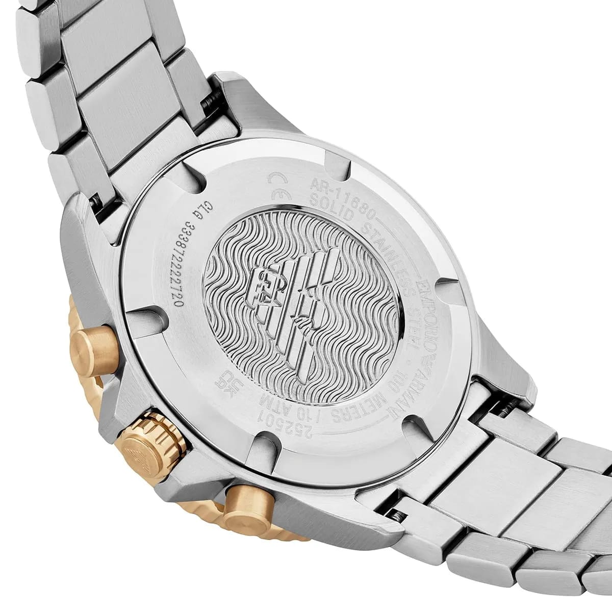 Back case of AR11680 showing Armani Eagle logo and Solar movement engraving