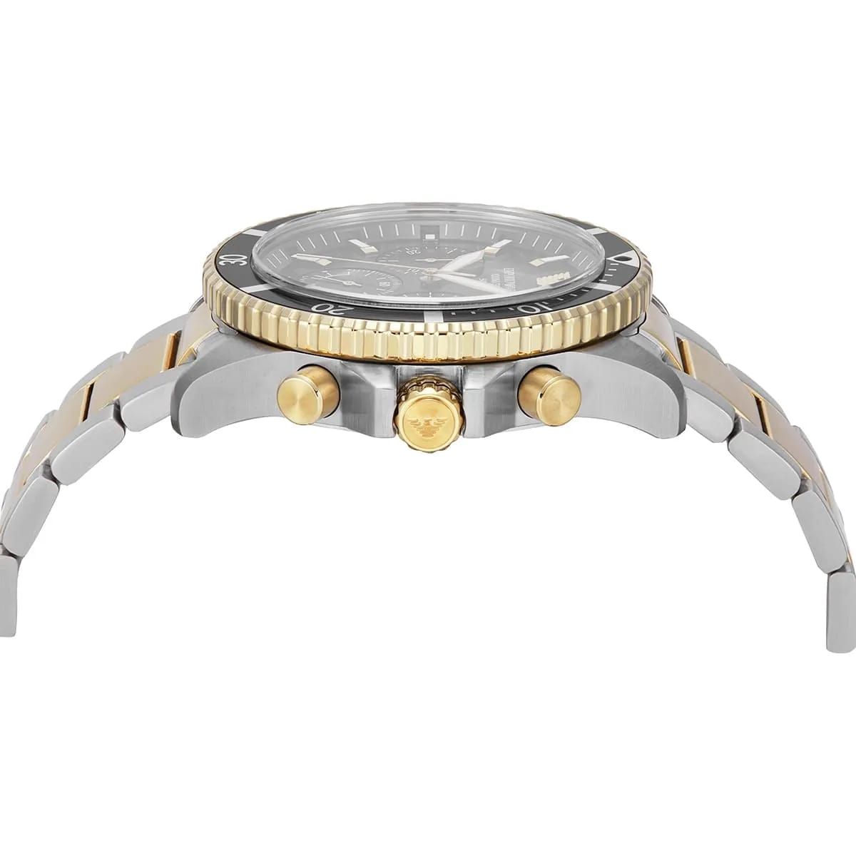 Side view of Emporio Armani AR11680 showing gold crown and chronograph pushers