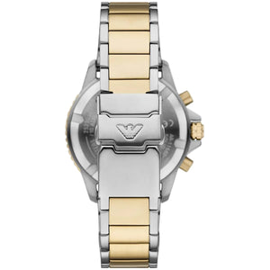 Back case of AR11680 showing Armani Eagle logo and Solar movement engraving