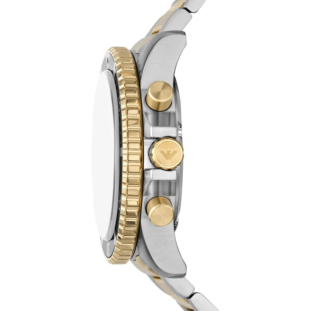 Side view of Emporio Armani AR11680 showing gold crown and chronograph pushers