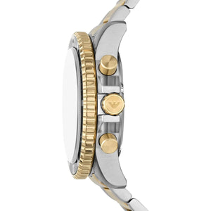 Side view of Emporio Armani AR11680 showing gold crown and chronograph pushers