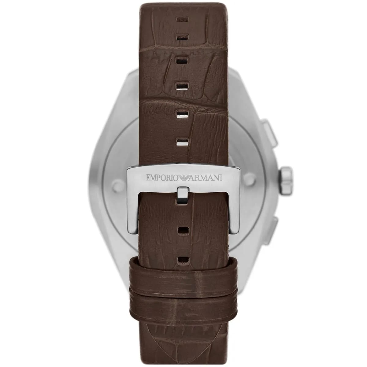 Back case of Armani AR11482 watch showing engraved logo and serial number