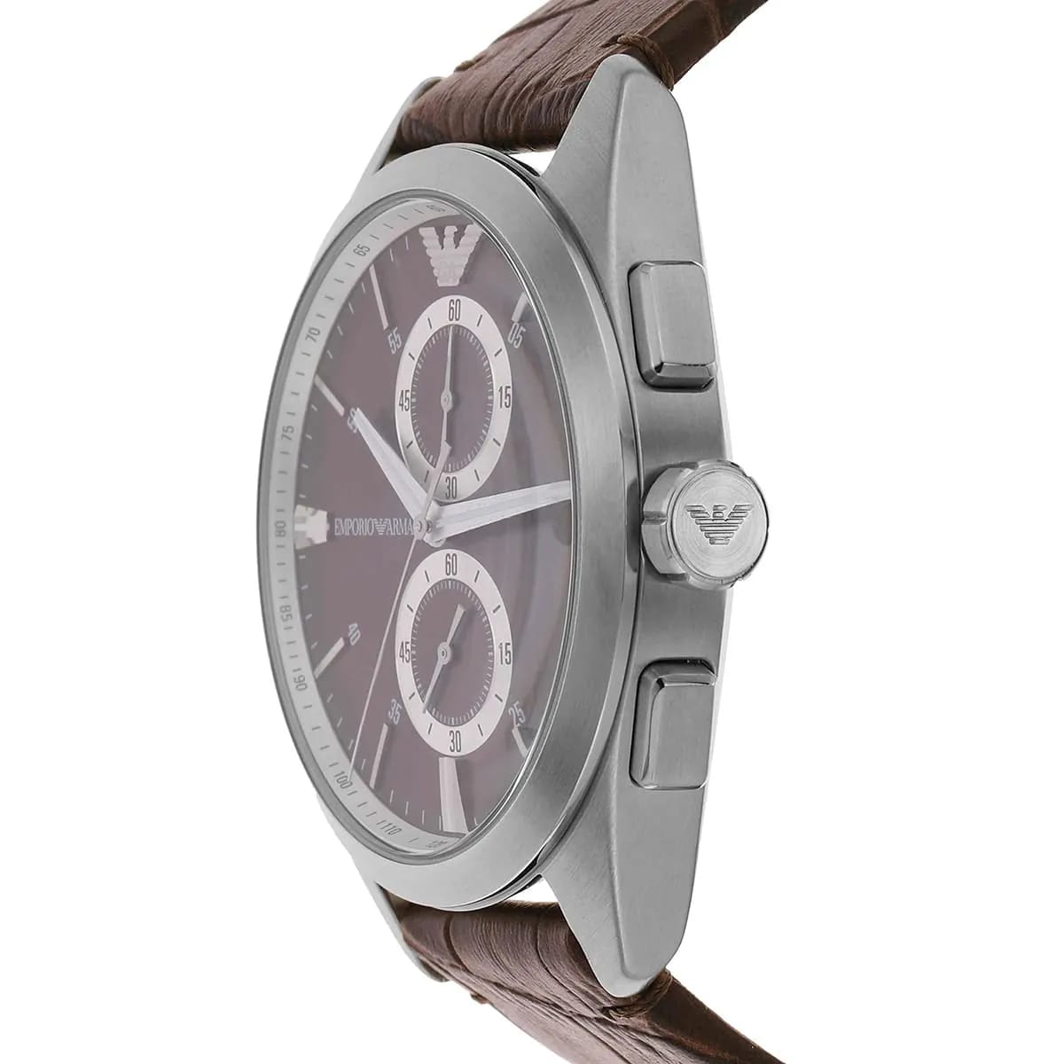 Side profile of Emporio Armani AR11482 showing silver-tone crown and pushers