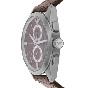 Side profile of Emporio Armani AR11482 showing silver-tone crown and pushers
