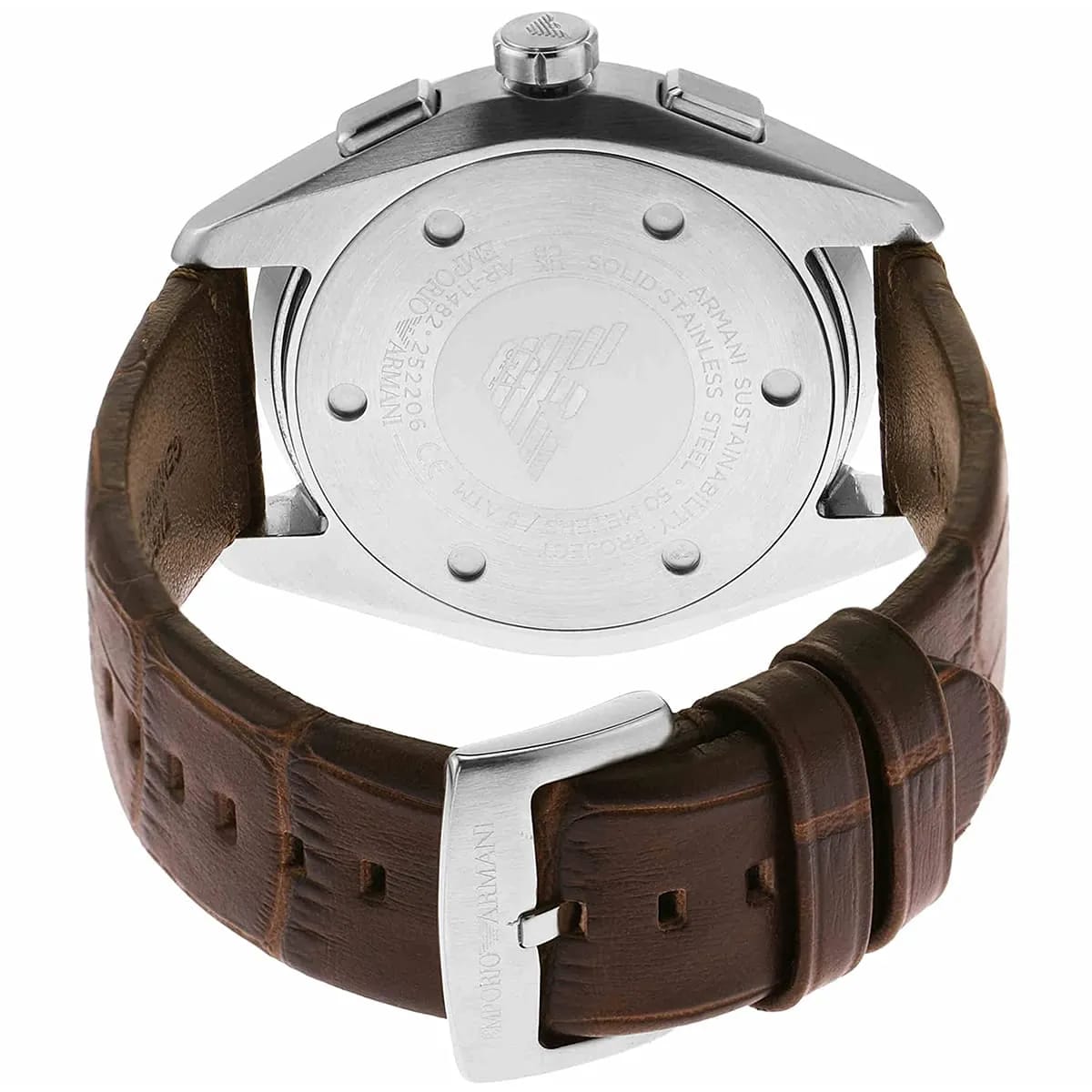 Back case of Armani AR11482 watch showing engraved logo and serial number