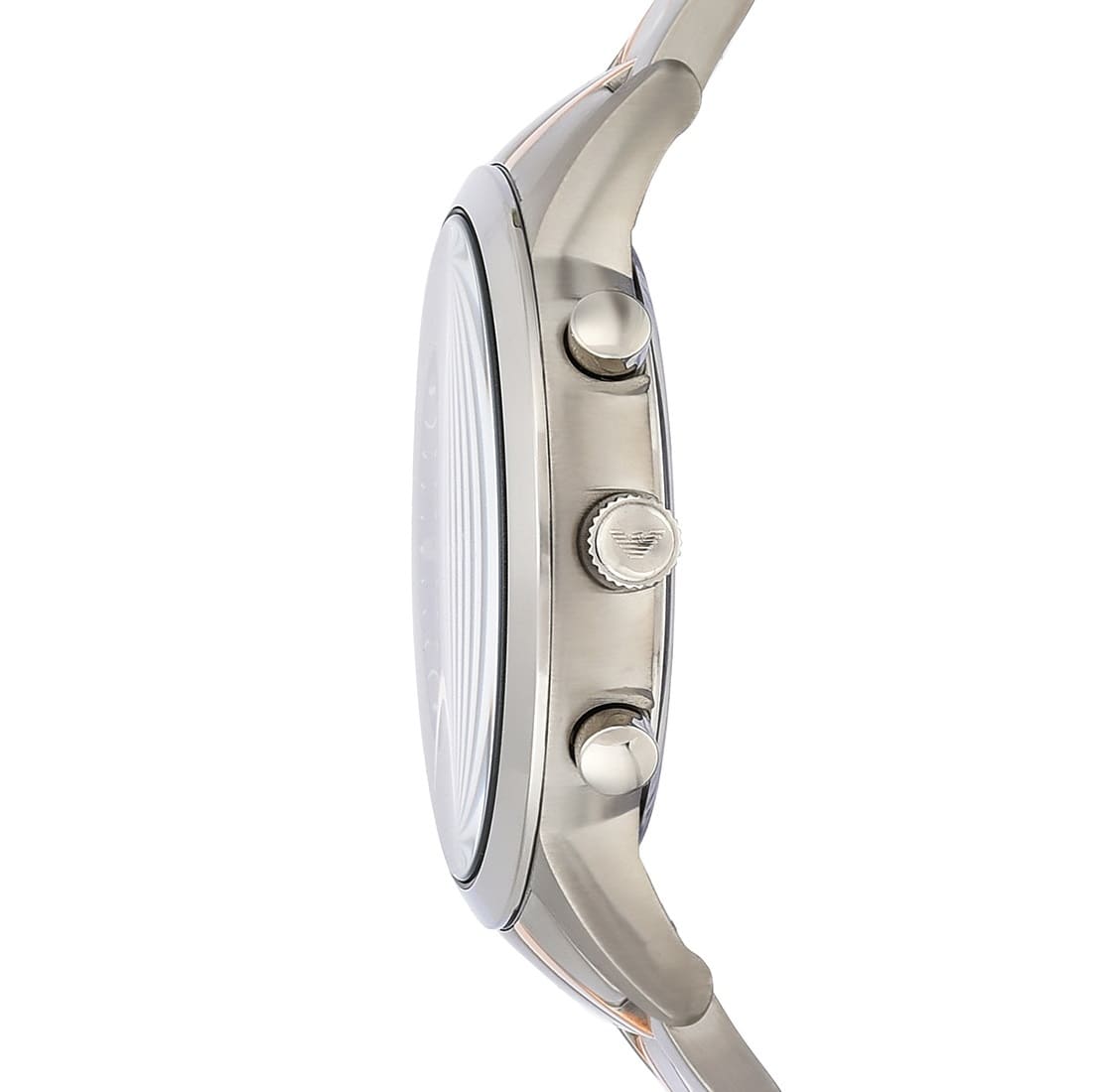 Side view of Emporio Armani AR11165 showing rose gold-tone crown and pushers
