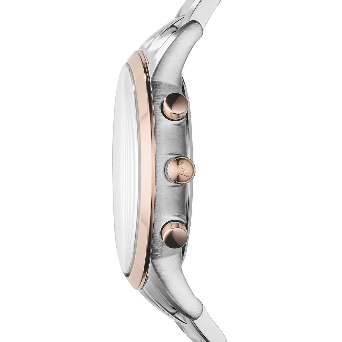 Side view of Emporio Armani AR11076 showing rose gold crown and pushers