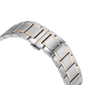 Detailed macro of Armani AR11076 silver dial and rose gold indices