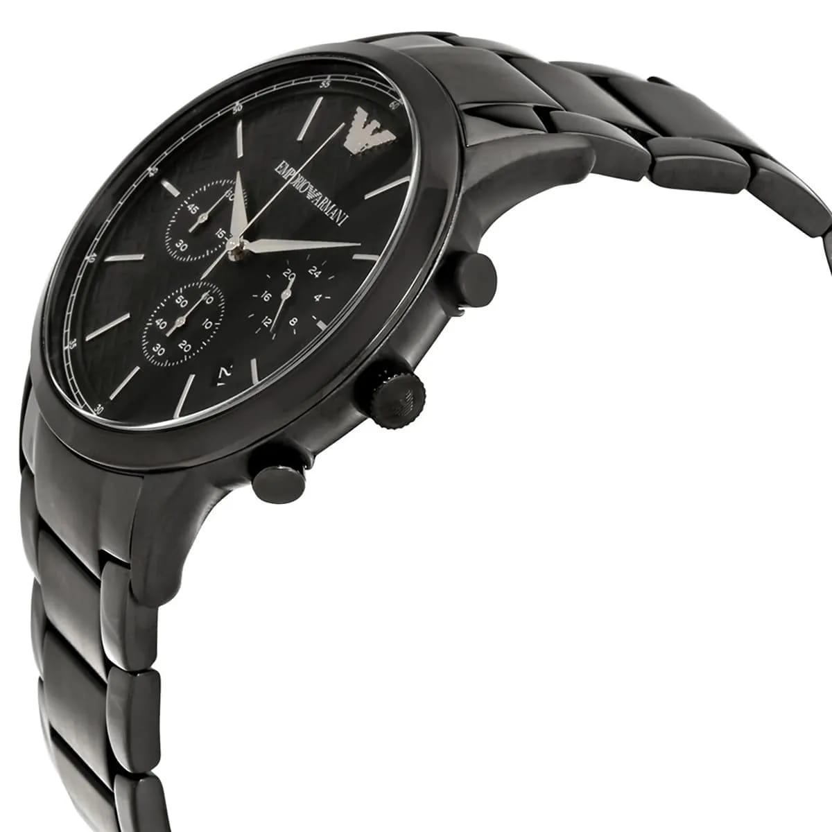 Side view of Emporio Armani AR2485 showing black ionic-plated crown and pushers