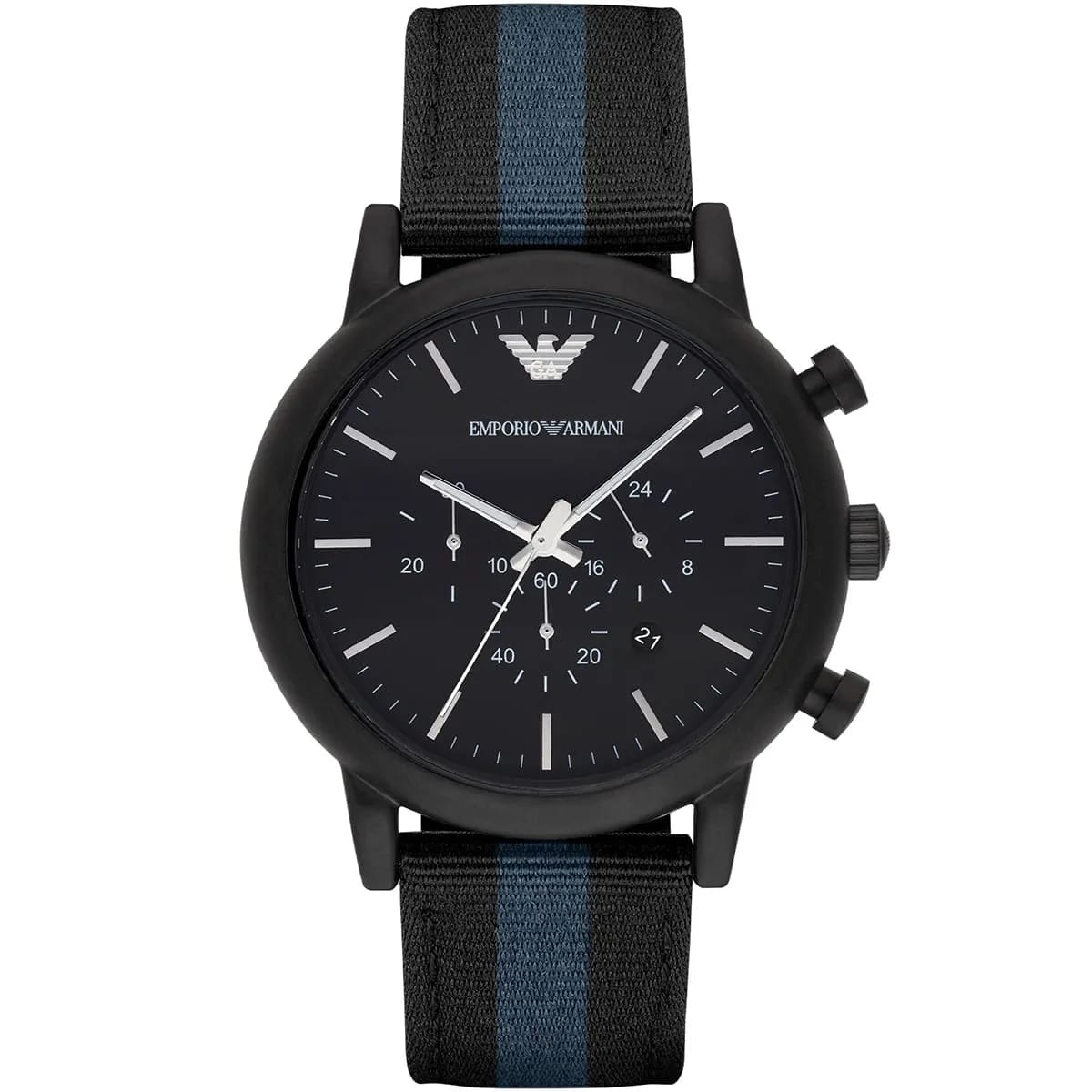 Emporio Armani Luigi AR1948 Men's Watch Black Dial Black Blue Striped Fabric Strap