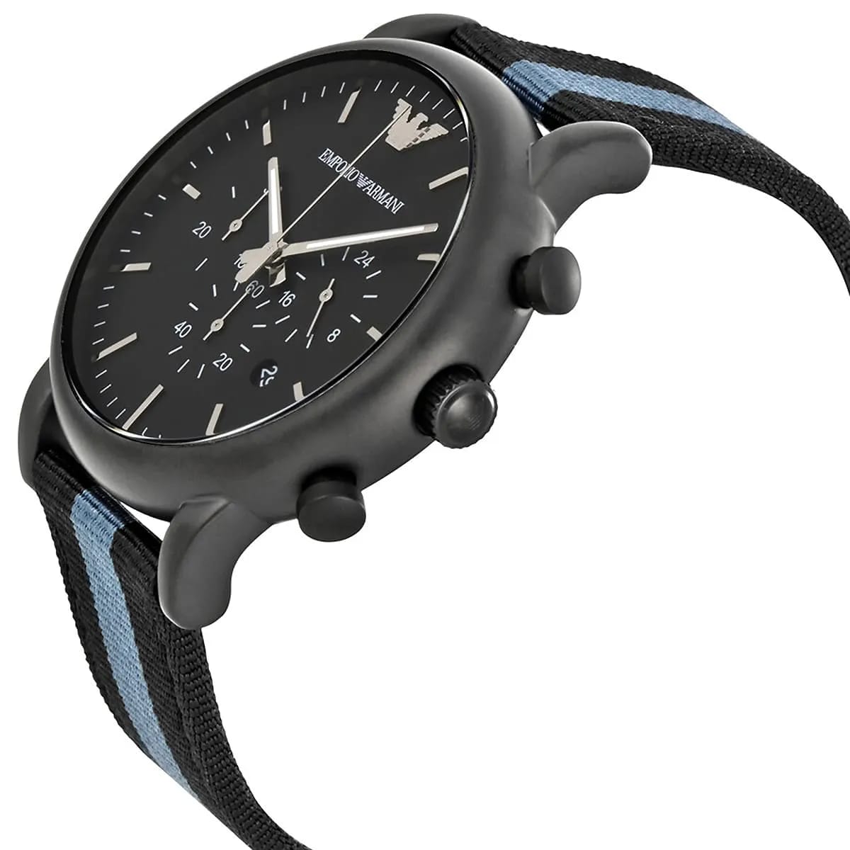 Side view of Emporio Armani AR1948 black case showing crown and pushers