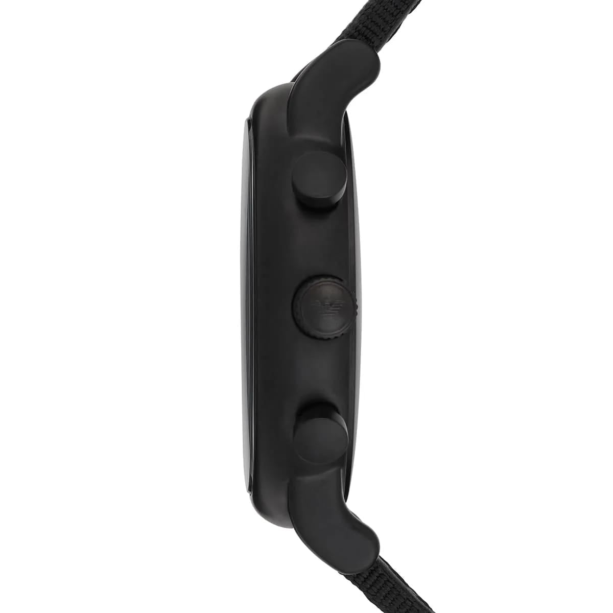 Side view of Emporio Armani AR1948 black case showing crown and pushers