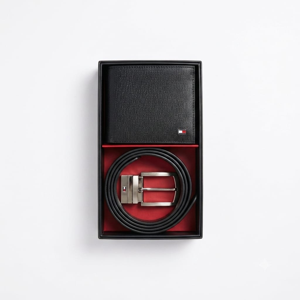 Tommy Hilfiger Men's Mirror Original Smooth Leather Reversible Belt and Bifold Wallet Gift Set - Double Black