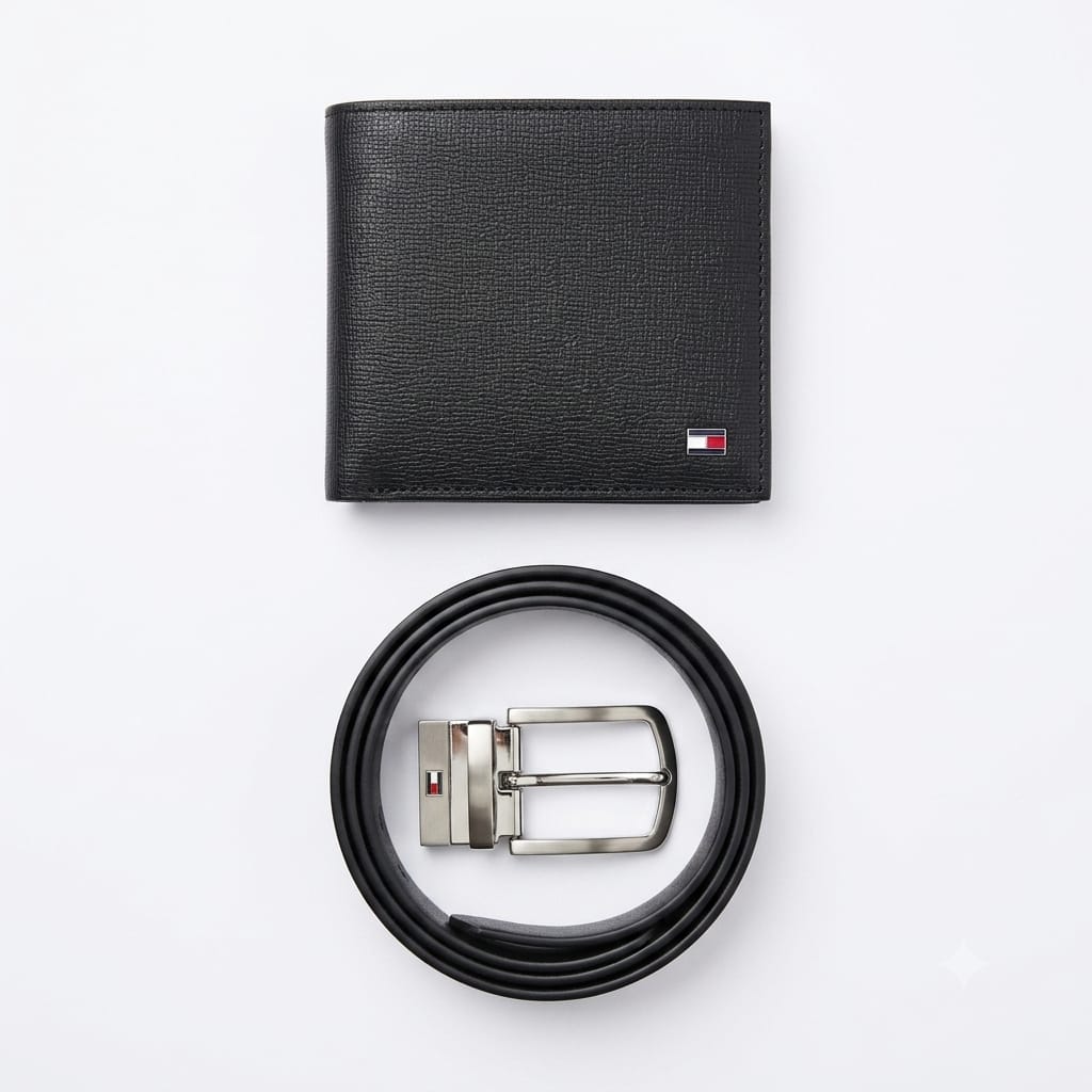 Tommy Hilfiger Men's Mirror Original Smooth Leather Reversible Belt and Bifold Wallet Gift Set - Double Black