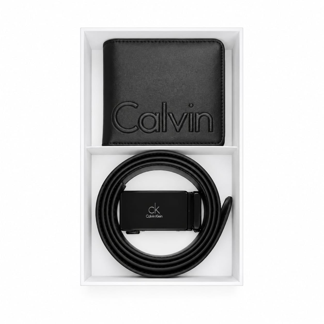 Calvin Klein Men's Mirror Original Smooth Leather Belt and Bifold Wallet Gift Set - Black