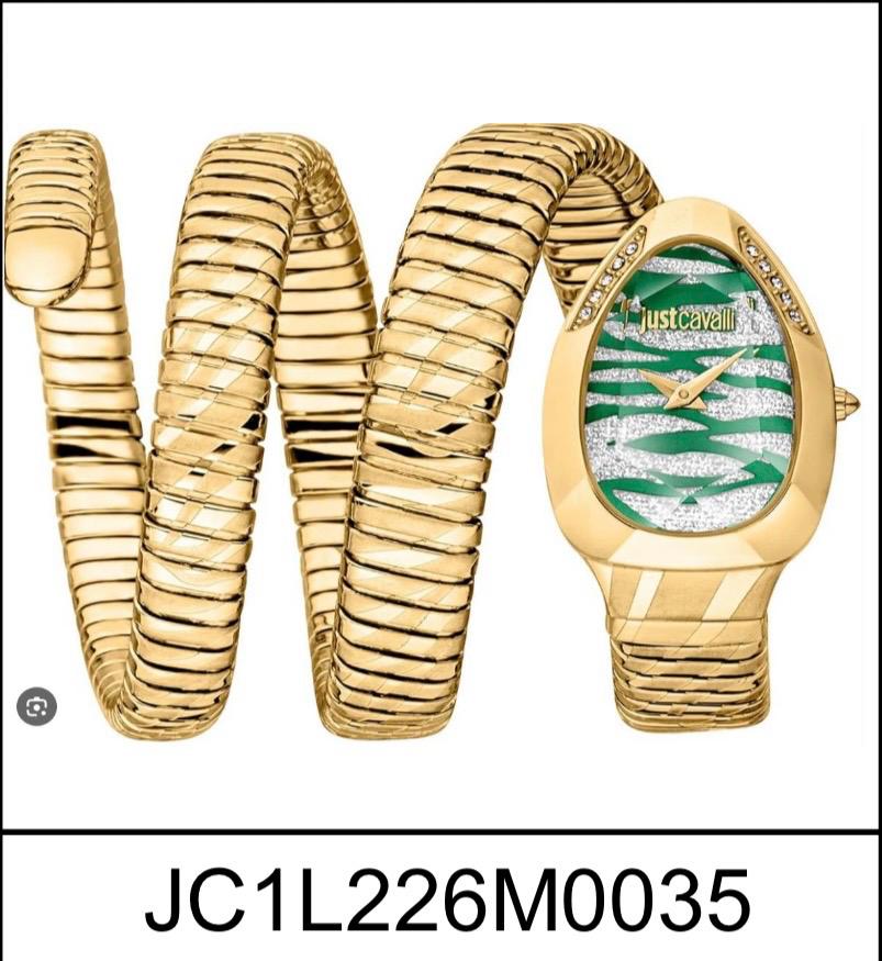 Gold watch with green face and Just Cavalli branding on a white background