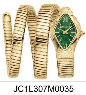 Gold watch with green face and matching bracelet on a white background