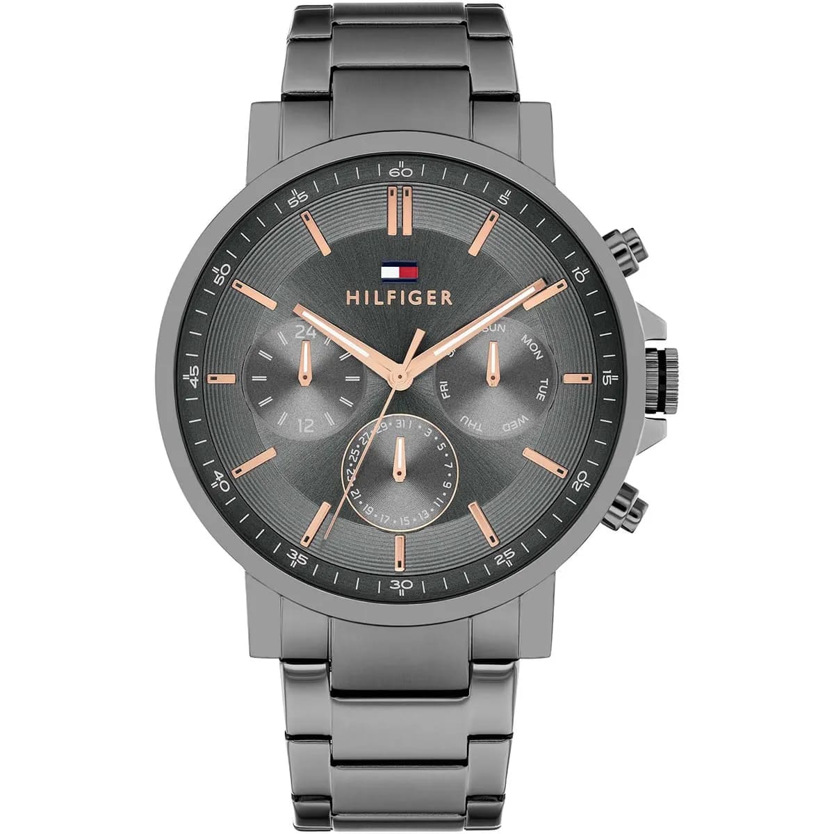 Tommy Hilfiger  1710711 Men’s Multi-Function Watch – Gunmetal Dial & Gunmetal Stainless-Steel Bracelet with Rose-Gold Accents