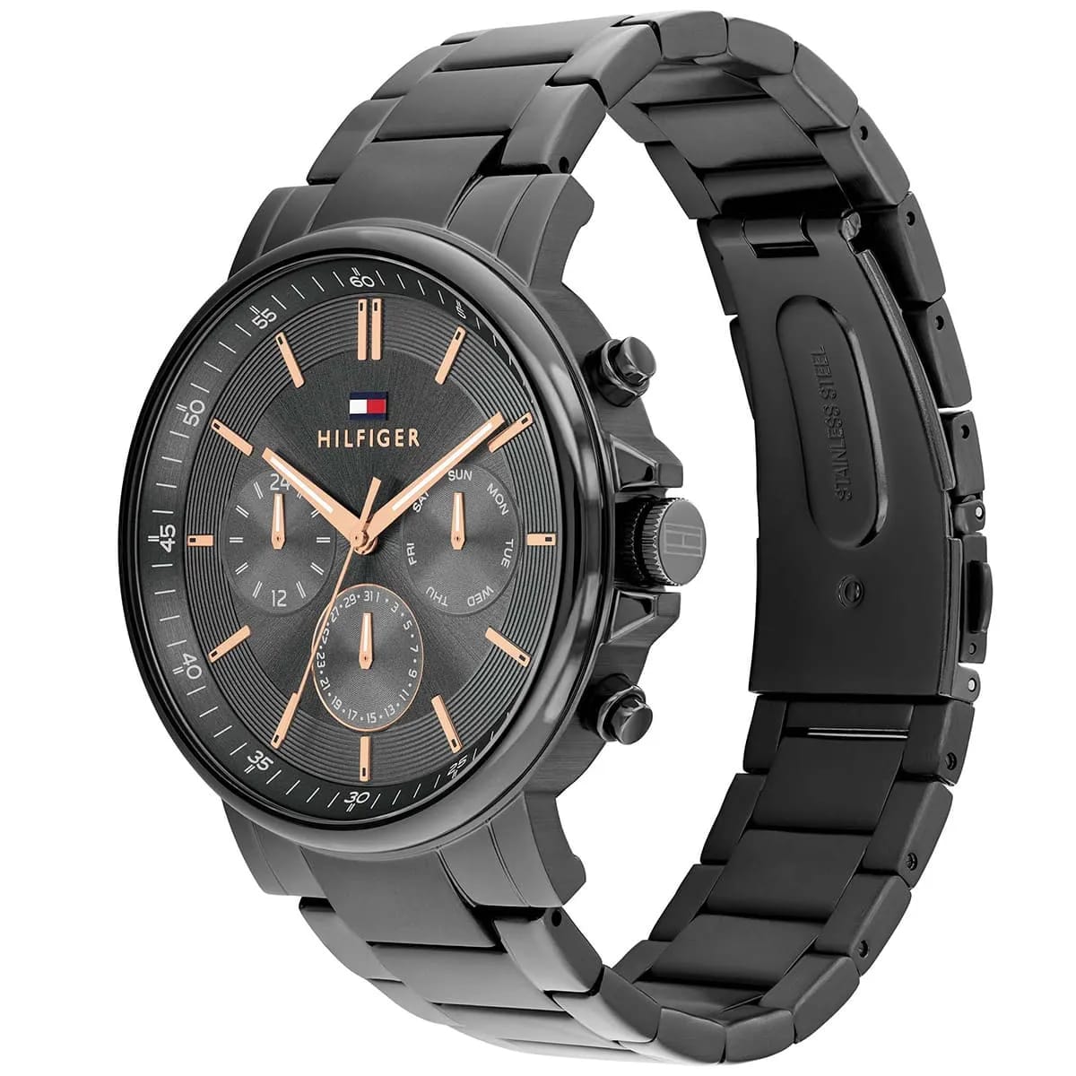 Tommy Hilfiger  1710711 Men’s Multi-Function Watch – Gunmetal Dial & Gunmetal Stainless-Steel Bracelet with Rose-Gold Accents