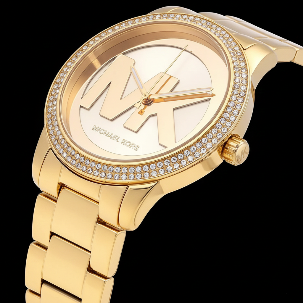 زاوية تصوير احترافية لساعة Michael Kors MK6879 توضح انعكاس الضوء على الكريستال