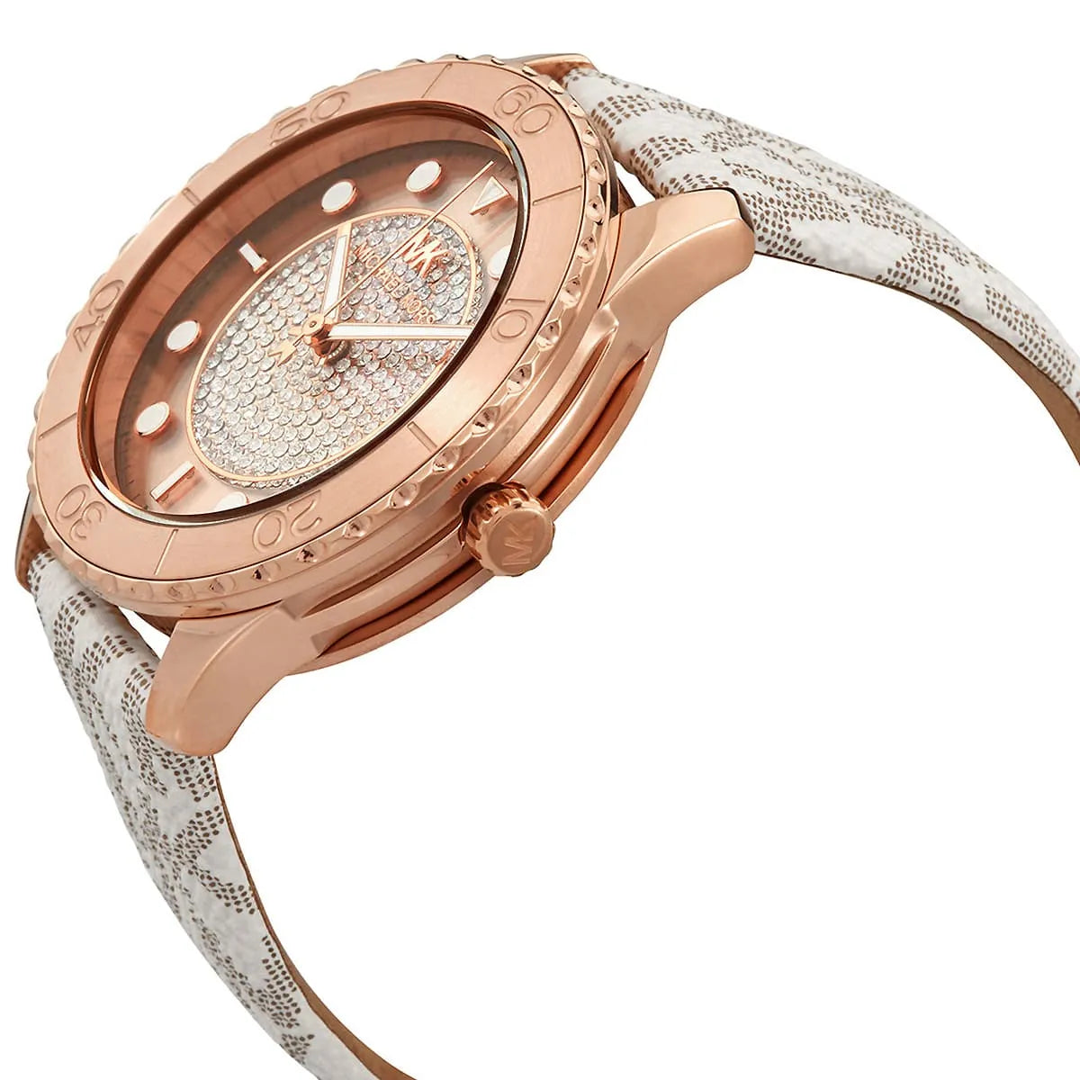 زاوية تصوير احترافية لساعة Michael Kors MK6980 توضح لمعة الكريستال في المينا