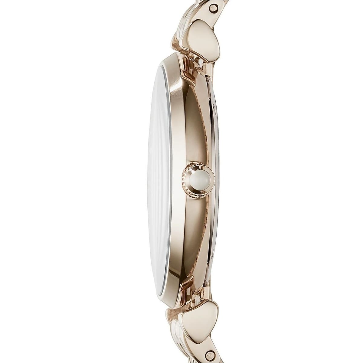 Right side profile view of the slim 8mm rose gold-tone case on the Emporio Armani AR11059