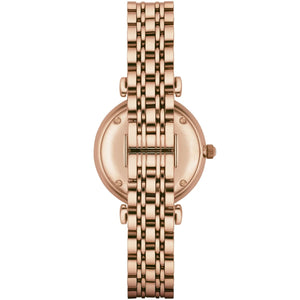 Rose gold watch with a chain-like bracelet on a white background