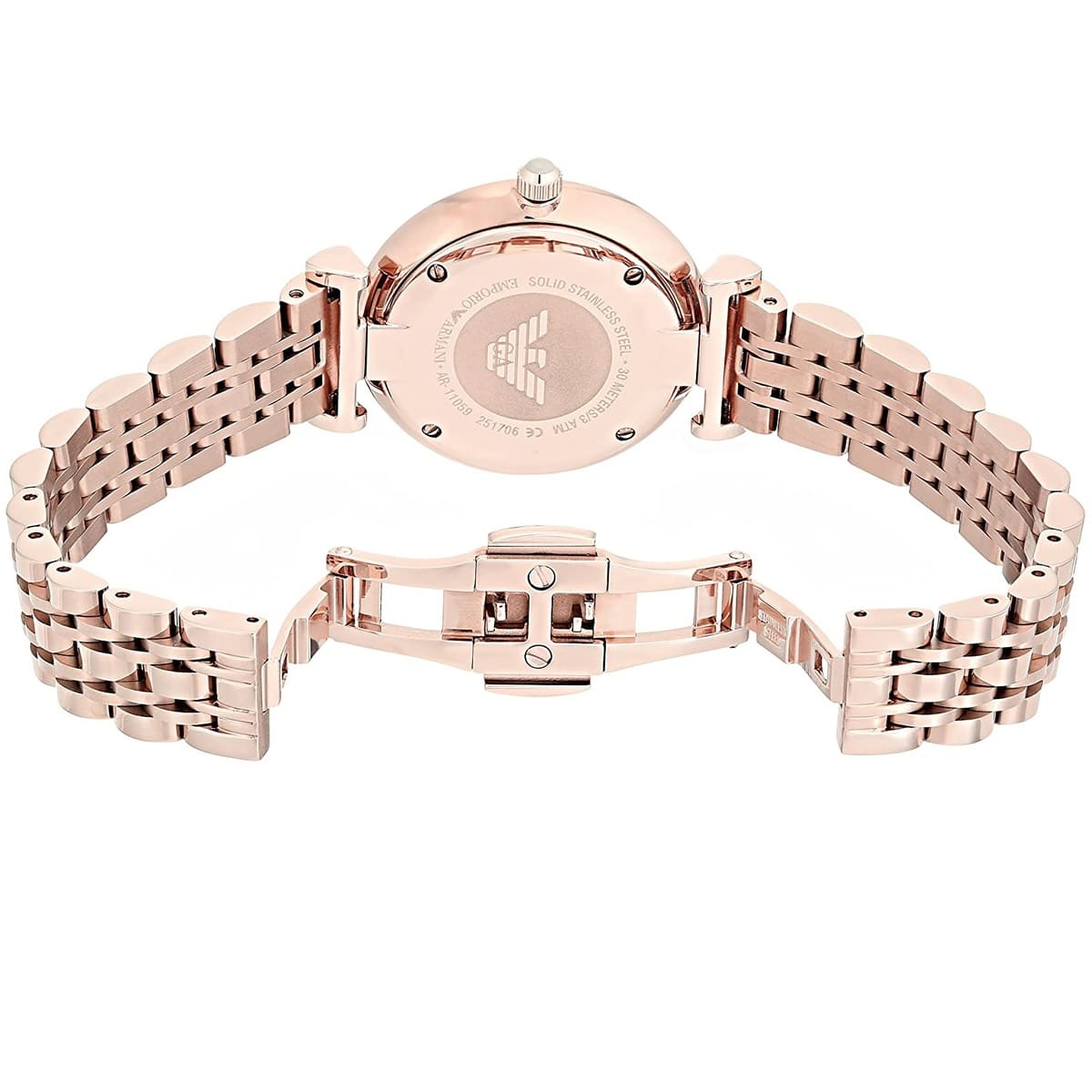 Rose gold watch with a brand logo on a white background