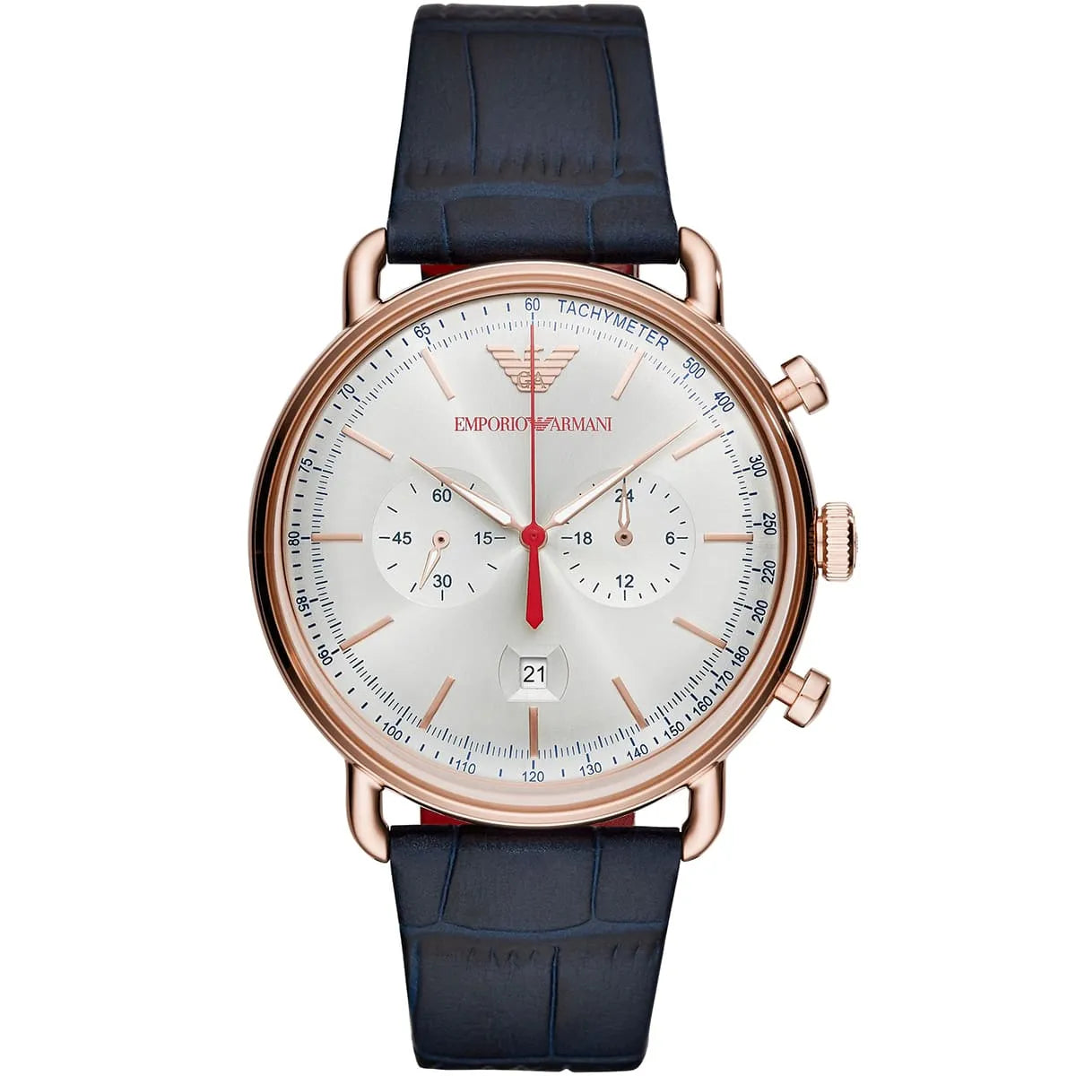 Emporio Armani Aviator AR11123 Men's Chronograph Watch – Silver Dial & Blue Leather Strap