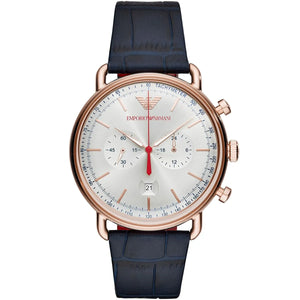 Emporio Armani Aviator AR11123 Men's Chronograph Watch – Silver Dial & Blue Leather Strap