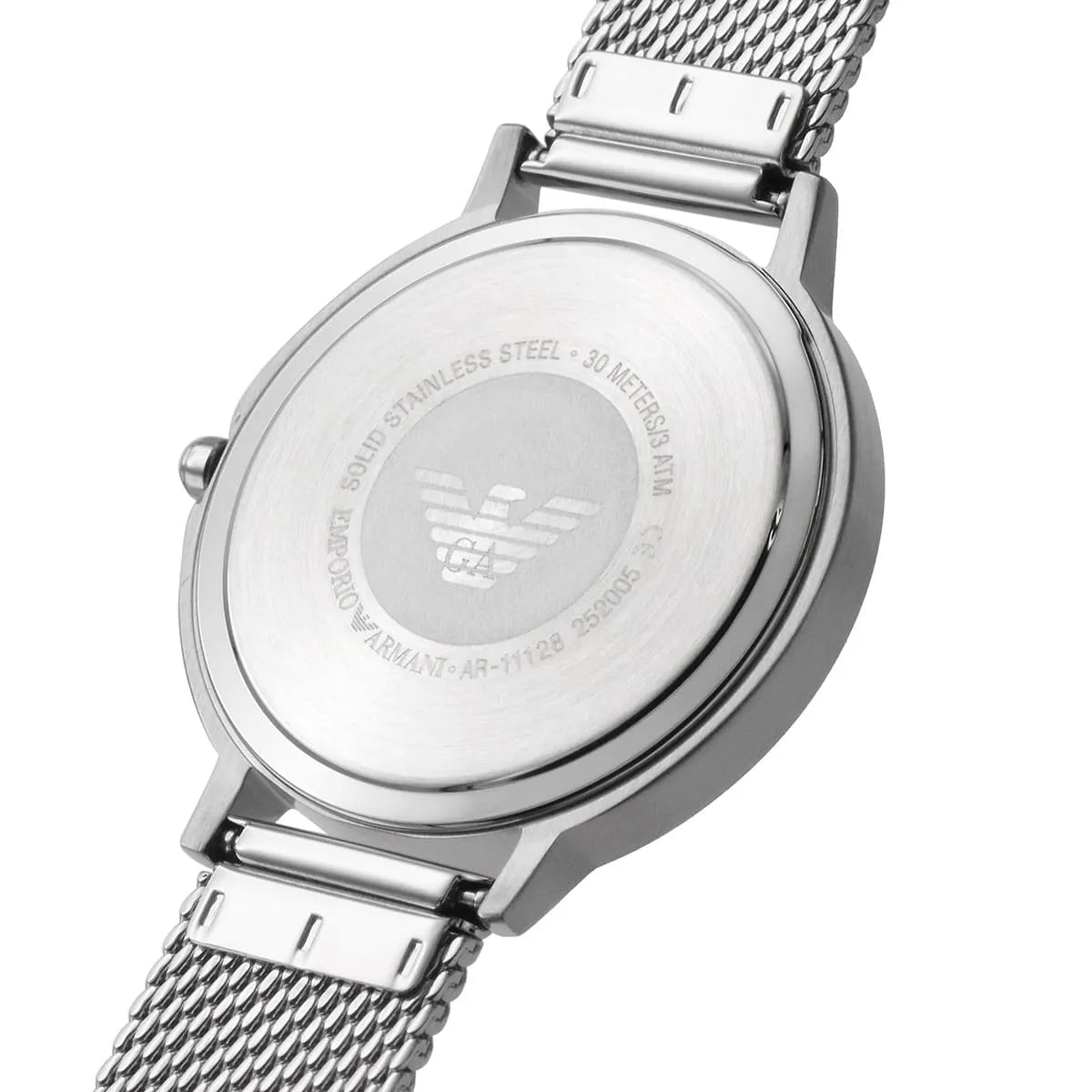 Silver watch with mesh band on a white background