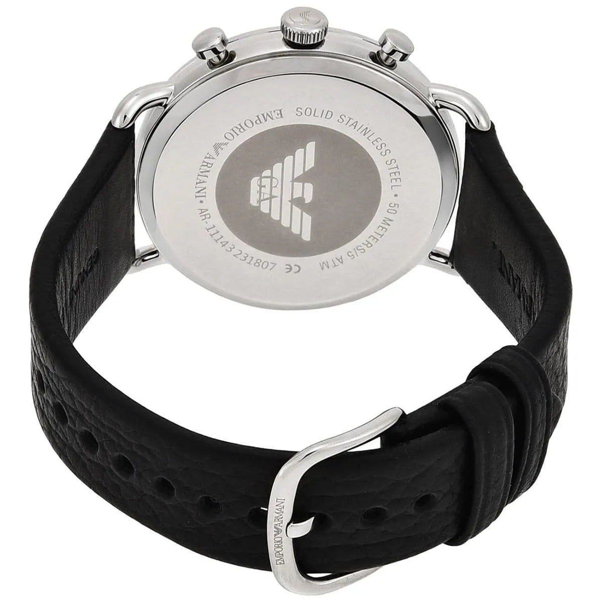 Back case of Emporio Armani AR11143 with engraved eagle logo and serial number