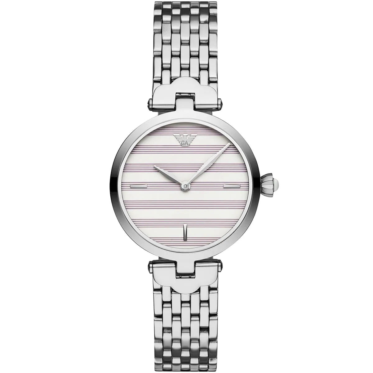 Silver watch with a patterned face on a white background