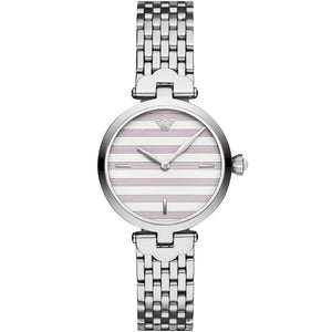 Silver watch with a patterned face on a white background
