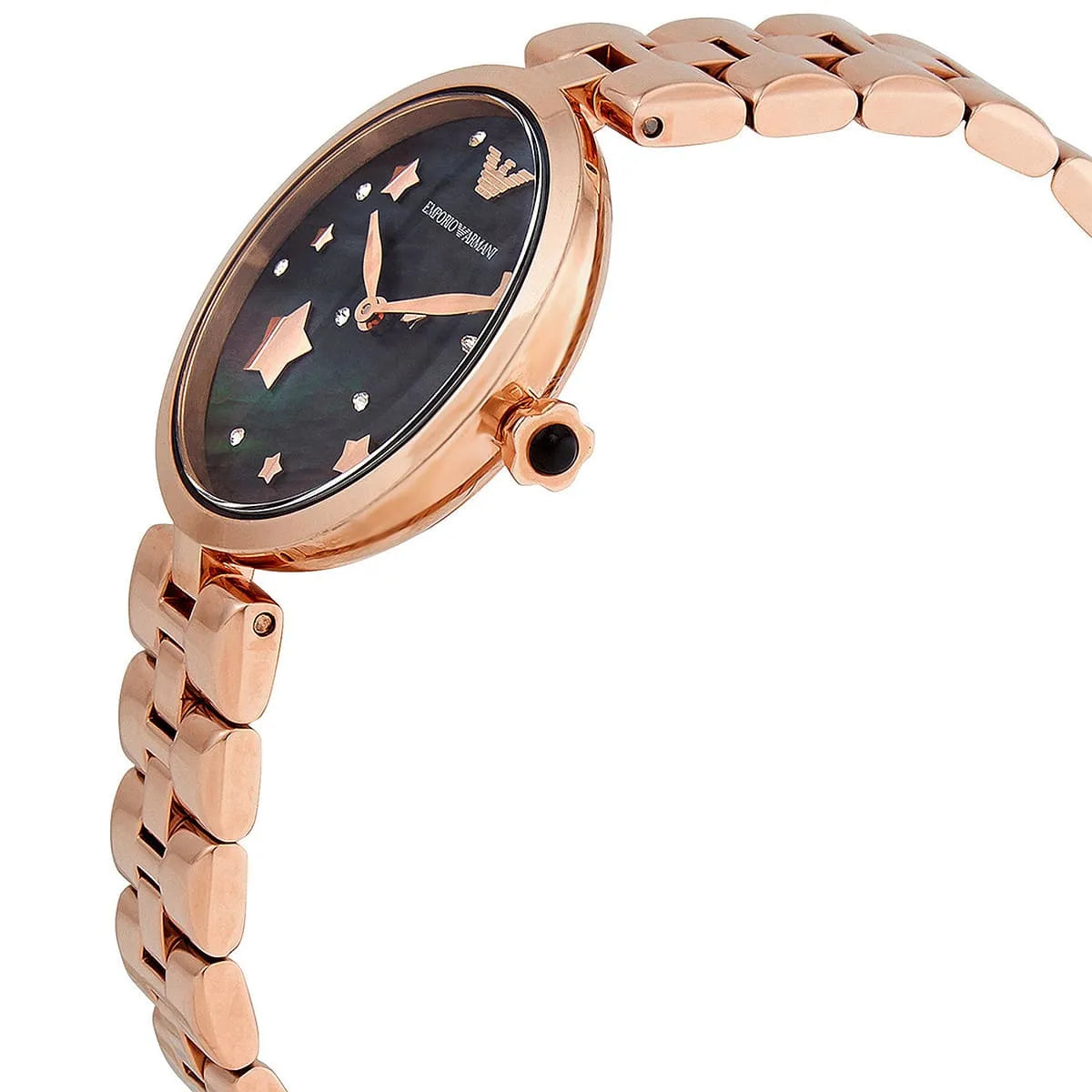 Angled front view of Emporio Armani AR11197 showing MOP dial reflection